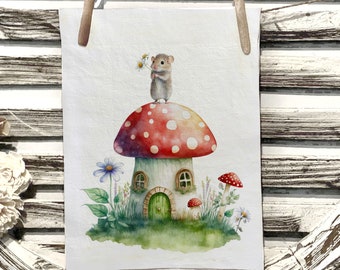 Mouse Mushroom flour sack towel kitchen towel watercolor kitchen flour sack floral farmhouse floral woodland