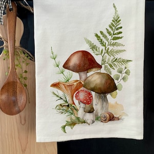 Mushroom flour sack towel kitchen towel watercolor kitchen flour sack floral plants farmhouse floral snail woodland