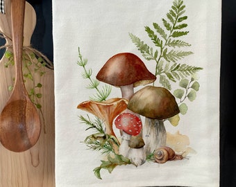 Mushroom flour sack towel kitchen towel watercolor kitchen flour sack floral plants farmhouse floral snail woodland