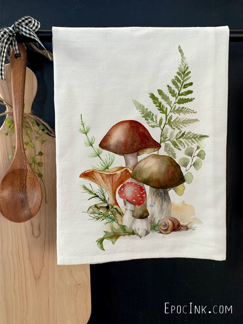 Mushroom flour sack towel kitchen towel watercolor kitchen flour sack floral plants farmhouse floral snail woodland image 1