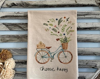 personalized kitchen towel watercolor bike kitchen flour sack floral bicycle plants farmhouse personalized for free floral basket