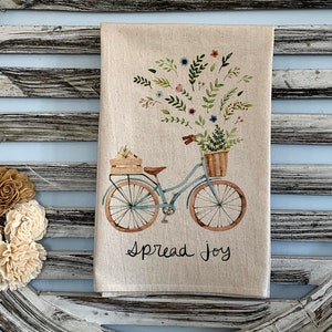 personalized kitchen towel watercolor bike kitchen flour sack floral bicycle plants farmhouse personalized for free floral basket