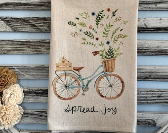 personalized kitchen towel watercolor bike kitchen flour sack floral bicycle plants farmhouse personalized for free floral basket