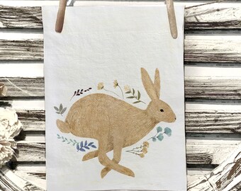 Easter towel / kitchen flour sack / floral towel / bunny towel / rabbit towel / Fresh Flowers / watercolor