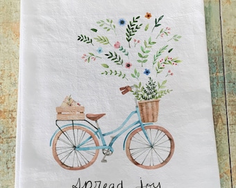 Spring bicycle towel / kitchen flour sack / floral towel / farmhouse towel / Fresh Flowers / floral bicycle / spread joy