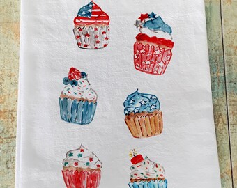 4th of July cupcake flour sack patriotic kitchen towel sweet summertime