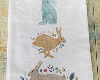 Easter towel / kitchen flour sack / floral towel / bunny towel / rabbit towel / Fresh Flowers / watercolor