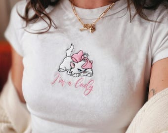 Embroidered Marie Cat Baby Tee, The Aristocats Pink Coquette Crop Tee, Cute Disney Cat Shirt, I'm a Lady Tee, Disney Trip Outfit