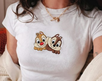 Custom Embroidered Chip and Dale Baby Tee, Cute Chipmunks Crop Tee, Double Trouble Cartoon Shirt, Disney Trip Outfit, Family Matching Shirt