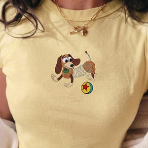 May include: A light yellow t-shirt featuring an embroidered cartoon dog with a spring body, a brown ear, and a green collar. The dog is playing with a red star and yellow ball. A gold necklace is worn.