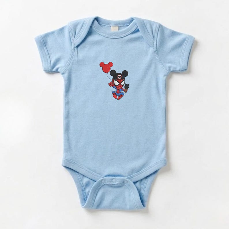 May include: Light blue baby bodysuit featuring a cartoon character combining elements of Spider-Man and Mickey Mouse. The character holds a red balloon. The bodysuit is made of soft material and has short sleeves.