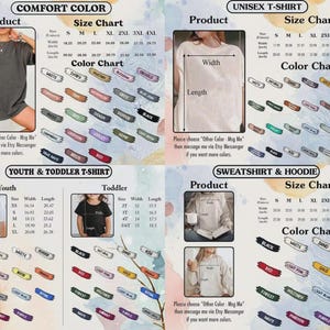 May include: Image featuring size and color charts for various t-shirts and hoodies. Charts include measurements in inches for unisex, youth, and toddler sizes, along with a color palette. The image also shows examples of the products.
