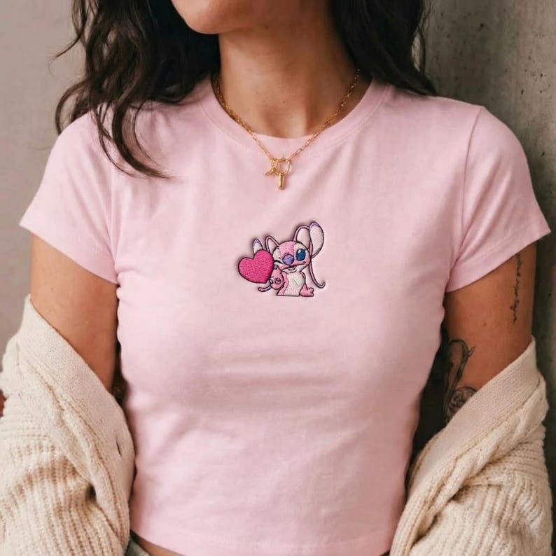 Embroidered Angel Stitch Baby Tee, Pink Angel Disney Crop Tee, Lilo and Stitch Character Shirt, Coquette Aesthetic Top, Disney Trip Outfit image 2