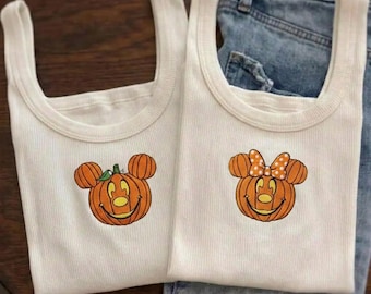 Custom Embroidered Mickey Minnie Pumpkin Tank Top, Halloween Disney Crop Top Tank, Spooky Season Park Day Outfit, Fall Disney Vacation Shirt