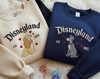 Lady And The Tramp Couple Embroidered Sweatshirt, Disney Valentine Sweatshirt, Disneyland Couple Shirts, Matching Disney Sweatshirts