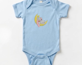 Embroidered Dumbo Baby Bodysuit, Flying Elephant Baby Shower Gift, Disney Inspired Outfit, Sleepy Dumbo on Moon Shirt