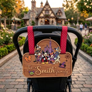May include: A rectangular wooden stroller sign featuring Disney characters in Halloween costumes, a castle illustration, and the text The Smith family. The sign is attached to a black stroller handle with two red straps with white polka dots.