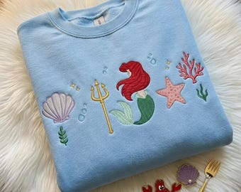 Embroidered Ariel Princess Sweatshirt, Little Mermaid Inspired Crewneck, Under the Sea Embroidery Shirt, Disney Girls Trip Outfit