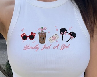 Camiseta sin mangas bordada de Disney Coquette "Literally Just A Girl", camiseta corta con orejas de Minnie para el día en el parque, camiseta para viaje de chicas a Disney, conjunto para vacaciones en Disney.