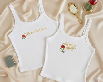 Top cropped bordado personalizado, top com citação de A Bela e a Fera, top rosa com a frase "Uma História Tão Antiga Quanto o Tempo", top da Bela da Disney, roupa para festa da Disney