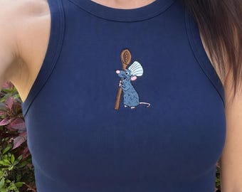 Geborduurde Disney-tanktop Remy Ratatouille, geribbelde tanktop Little Chef Remy, Gusteau's shirt, crop top Pixar Ratatouille, outfit Disney Trip