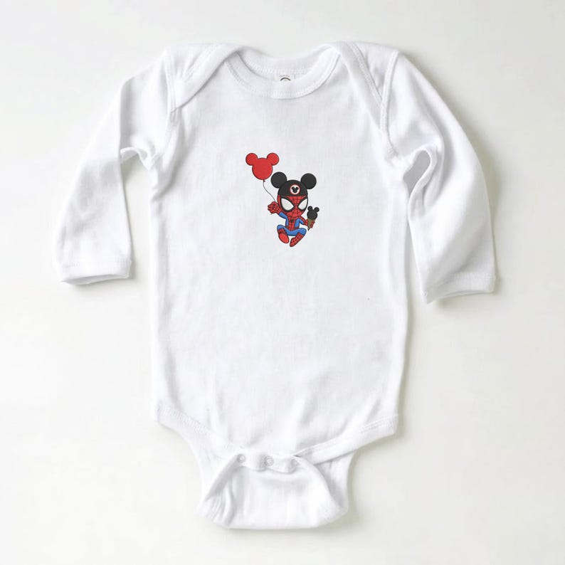 May include: White long-sleeve baby bodysuit featuring a cartoon illustration of a Spider-Man character with Mickey Mouse ears holding a red balloon. The character is wearing a red and blue Spider-Man suit.
