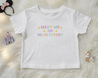 Embroidered Meet Me On Main Street Baby Tee, Disney Trip Shirt, Pastel Disney Vacation Crop Tee, Magic Kingdom Outfit, Disneyland Trip Top