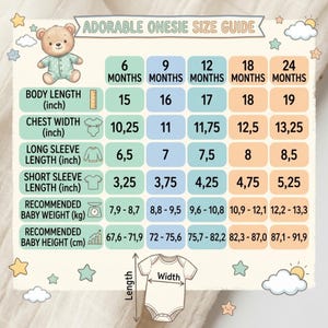 May include: An adorable onesie size guide with measurements in inches and kilograms. The guide includes body length, chest width, long sleeve length, and short sleeve length for babies aged 6 to 24 months. The guide also includes recommended baby weight and height.
