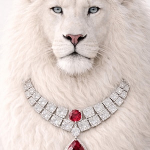 May include: A white lion with blue eyes and a pink nose. A diamond necklace with a large, teardrop-shaped ruby pendant and smaller ruby and diamond accents is draped around the lion's neck. The necklace is set against the lion's white fur.
