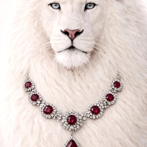 May include: A white lion with blue eyes is the backdrop for a diamond necklace with large, round, and pear-shaped ruby gemstones. The necklace is set in a silver metal and is a statement piece.