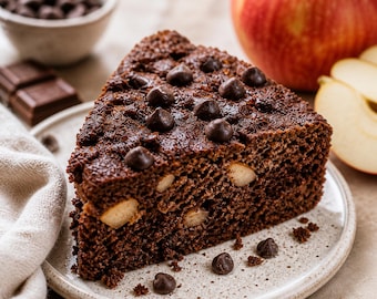 May include: A slice of chocolate cake with chocolate chips and apple pieces on a speckled plate. A whole red apple and a bowl of chocolate chips are in the background. Chocolate bars and a white cloth are also visible.