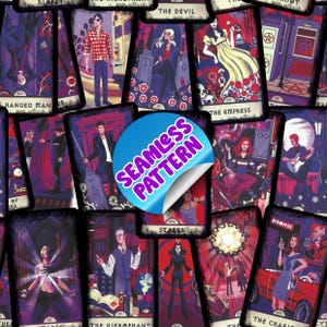 May include: A seamless pattern featuring various tarot-style cards with dark, gothic illustrations of characters and symbols. A blue circular sticker with the text SEAMLESS PATTERN is placed in the center, partially obscuring the repeating card designs.