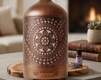 Aromatherapy Essential Oil Diffuser 100ml, Metal Ultrasonic Humidifier, Auto Shut Off, Timer & Night Light, Home Office Spa Decor, Boho Gift