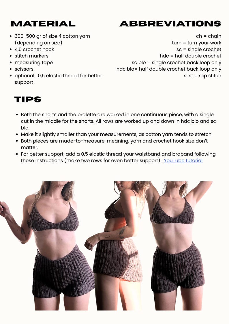 May include: A crochet bralette and shorts set in a brown color. The image includes instructions for crocheting the set, including materials like cotton yarn, a 4.5 crochet hook, and stitch markers. The text also provides abbreviations and tips for the project.