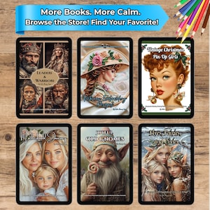 May include: A collection of digital art books displayed on tablets. The covers feature illustrations of historical figures, vintage pin-up girls, gnomes, fairies, and embroidery designs. The banner reads "More Books. More Calm. Browse the Store! Find Your Favorite!"