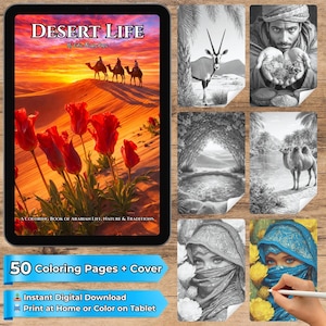 Può includere: Un libro da colorare digitale intitolato "Desert Life" con un'immagine di copertina di una scena del deserto con cammelli e un tramonto. Il libro include 50 pagine da colorare e copertina, disponibile come download digitale immediato.
