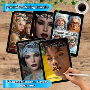May include: A collection of five digital portrait coloring books displayed on tablets. The covers feature diverse portraits with titles like "Messy Hair & Coffee" and "Faces of Life." The bundle includes PDF and PNG files.
