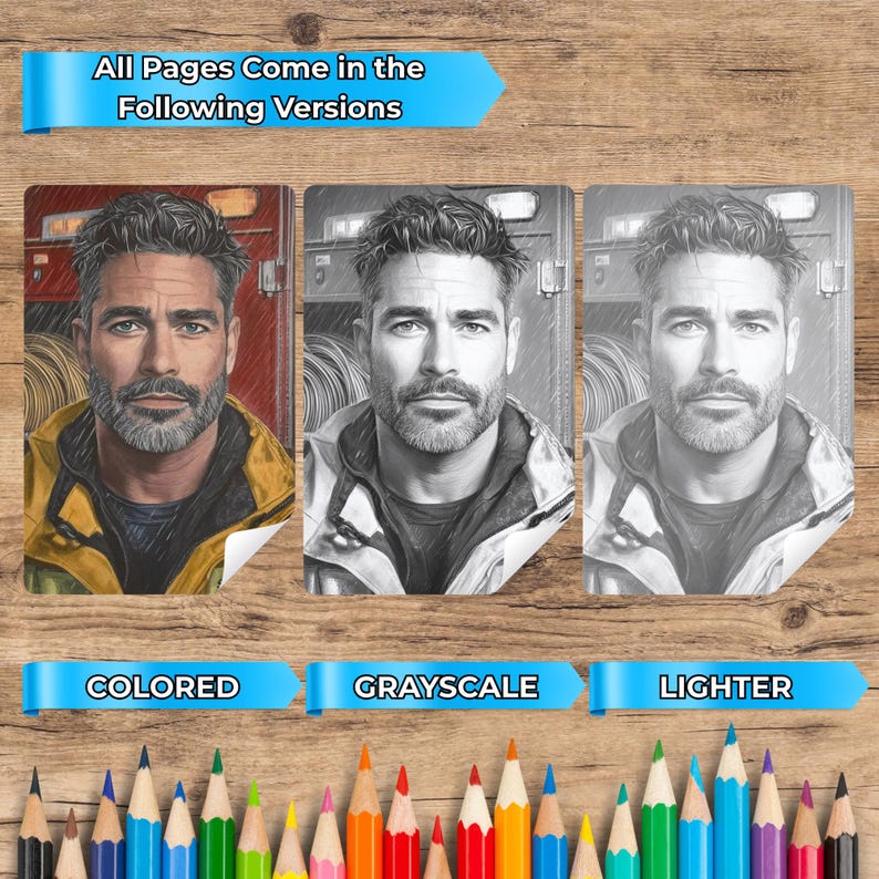 May include: Three portrait illustrations of a man with a beard, in colored, grayscale, and lighter versions. The text "All Pages Come in the Following Versions" and "COLORED", "GRAYSCALE", and "LIGHTER" are displayed. A row of colored pencils is at the bottom.