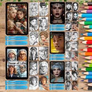 Portrait Coloring Bundle | 5 Grayscale Face, Beauty & Emotion Coloring Books | PDF PNG image 2
