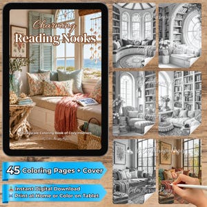 Könnte beinhalten: Ein digitales Malbuch mit dem Titel Charming Reading Nooks mit 45 Graustufen-Seiten für Inneneinrichtungen. Das Cover zeigt eine Fensternische mit Kissen, einer korallenfarbenen Decke und einem Muschelmobilé. Digitaler Download enthalten.