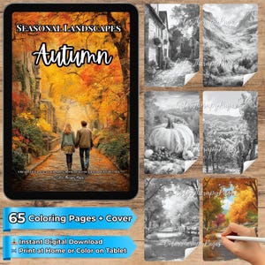 May include: A digital coloring book titled Seasonal Landscapes Autumn featuring a cover image of two people walking down a tree-lined path with vibrant orange foliage. The set includes 65 grayscale coloring pages showing various scenic landscapes.