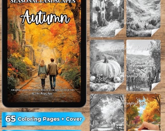 May include: A digital coloring book titled Seasonal Landscapes Autumn featuring a cover image of two people walking down a tree-lined path with vibrant orange foliage. The set includes 65 grayscale coloring pages showing various scenic landscapes.