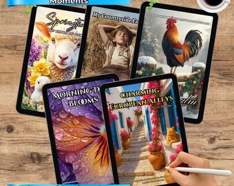 May include: Five digital book covers displayed on tablets. The covers feature images of a lamb, a boy in hay, a rooster, a flower with water droplets, and a European alley. Text includes "Calm, Cozy & Quiet Moments", "Springtime", "My Countryside Fa", "Morning Blooms", and "Charming European Alleys".