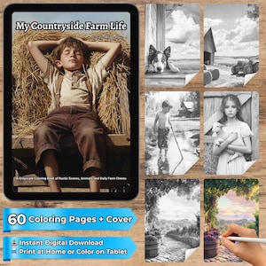 Peut inclure: Une tablette affiche un livre de coloriage numérique en niveaux de gris intitulé "My Countryside Farm Life". La couverture montre un garçon se reposant sur du foin. Des images en niveaux de gris supplémentaires montrent des scènes de ferme. Le livre contient 60 pages à colorier.