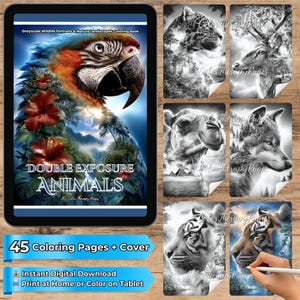 Double Exposure Animals Coloring Book | 45 Grayscale Wildlife Portraits with Scenic Nature Landscapes