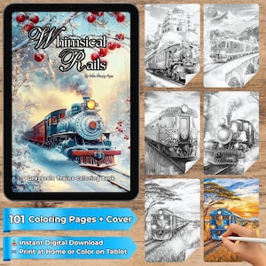 Peut inclure: Livre de coloriage numérique de trains en niveaux de gris, intitulé "Whimsical Rails". La couverture présente un train à vapeur dans un paysage enneigé. D'autres illustrations de trains en niveaux de gris sont affichées. Le livre contient 101 pages à colorier.
