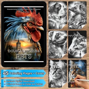 Pode incluir: Um livro de colorir digital intitulado Grayscale Animal Portraits & Dream Worlds Coloring Book, apresentando um galo com uma torre de relógio sobreposta na capa, ao lado de seis retratos de animais em tons de cinza.