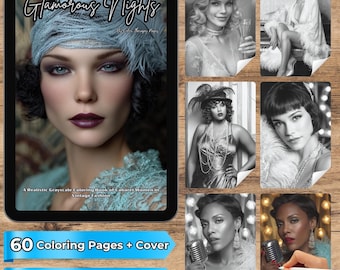 Libro para colorear "Noches Glamorosas" / Mujeres de Cabaret Vintage / Páginas realistas en escala de grises para relajarse / Descarga instantánea
