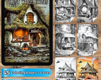 Forest Witch Houses Coloring Book | 45 Grayscale Pages of Fantasy Cottages | PDF & PNG Download