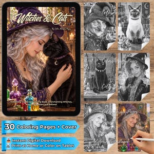 May include: A digital colouring book titled Witches & Cats featuring 30 pages of illustrations of witches and cats. The cover displays a person with long hair wearing a purple hat and holding a black cat, with colourful potion bottles in the foreground.